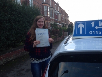 Passed on 17th December 2013 at Colwick Driving Test Centre with the help of her Driving Instructor Cat Sambell....